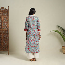 Mosaic Fusion Cotton Straight Lace Work Blue Sanganeri Kurta for Women