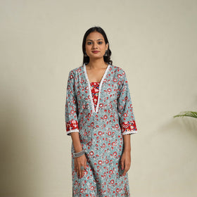 Mosaic Fusion Cotton Straight Lace Work Blue Sanganeri Kurta for Women