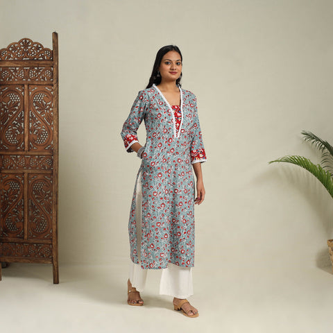 Mosaic Fusion Cotton Straight Lace Work Blue Sanganeri Kurta for Women