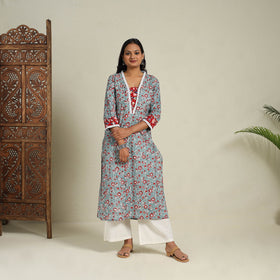 Mosaic Fusion Cotton Straight Lace Work Blue Sanganeri Kurta for Women