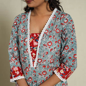 Mosaic Fusion Cotton Straight Lace Work Blue Sanganeri Kurta for Women