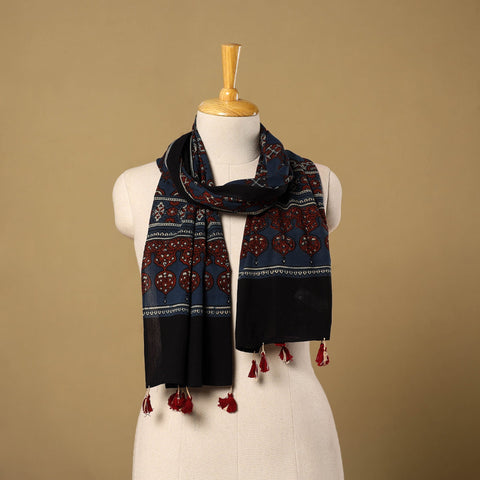 Buy Blue Mul Cotton Block Print Ajrakh Stole with Tassels