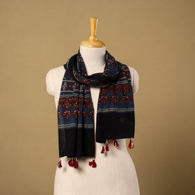 Buy Blue Mul Cotton Block Print Ajrakh Stole with Tassels