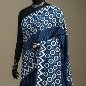 Blue - mul cotton dabu bagru saree 02 - handcrafted