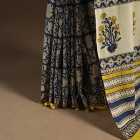 Blue - mul cotton hand bagru saree 10 - handcrafted