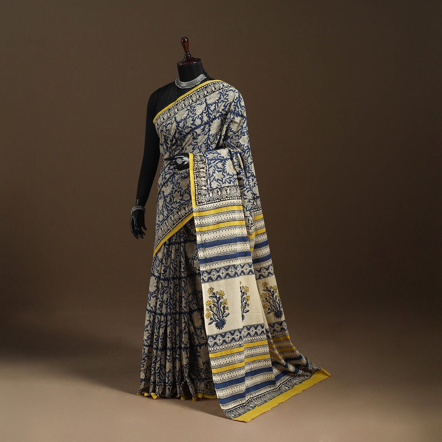 Blue - mul cotton hand bagru saree 10 - handcrafted