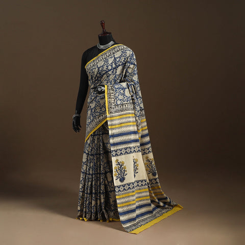 Blue - mul cotton hand bagru saree 10 - handcrafted