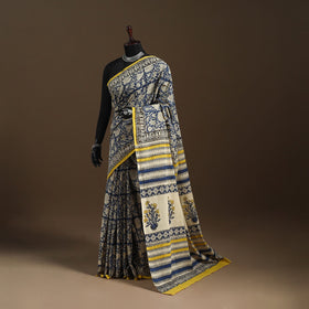 Blue - mul cotton hand bagru saree 10 - handcrafted