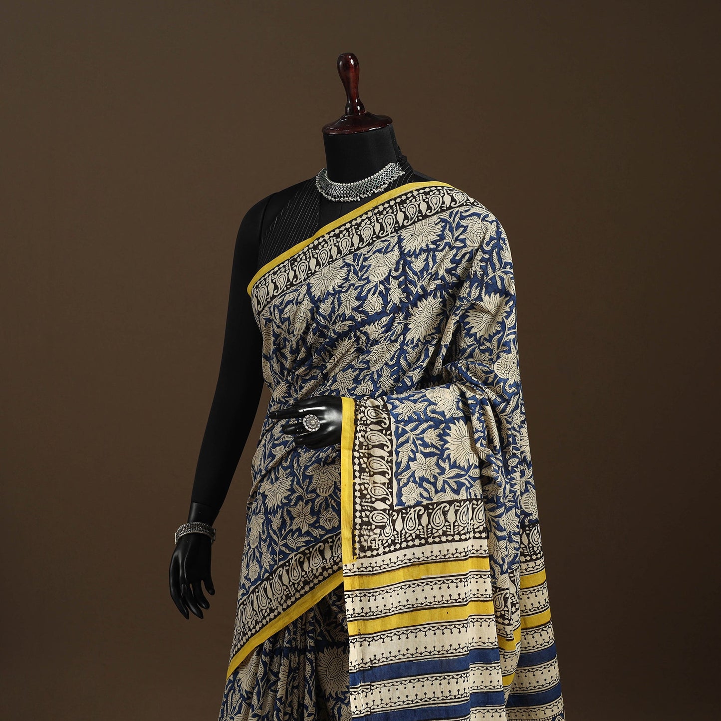 Blue - mul cotton hand bagru saree 10 - handcrafted