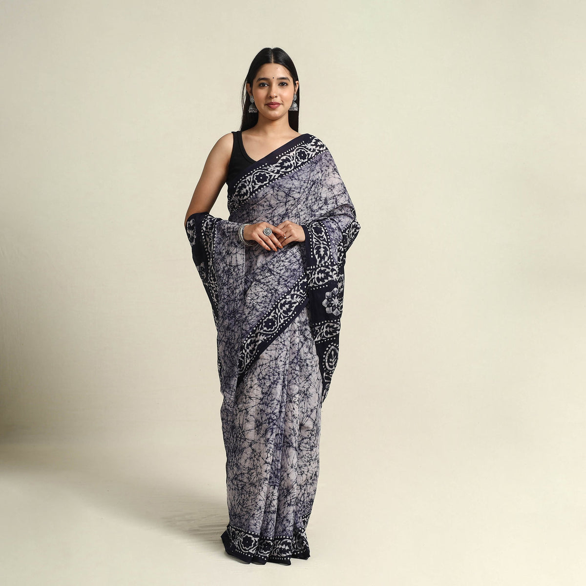 Buy Blue Mul Cotton Hand Batik Print Saree