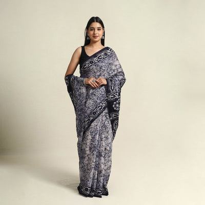 Buy Blue Mul Cotton Hand Batik Print Saree