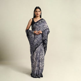 Buy Blue Mul Cotton Hand Batik Print Saree