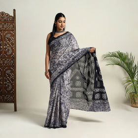 Buy Blue Mul Cotton Hand Batik Print Saree