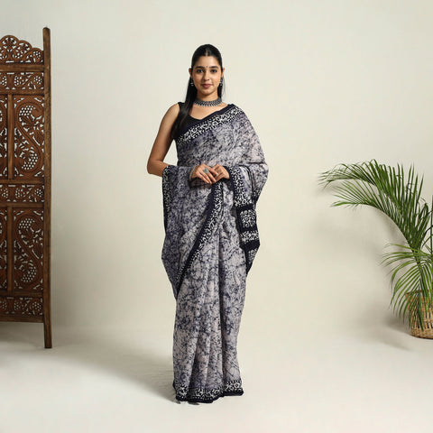 Buy Blue Mul Cotton Hand Batik Print Saree
