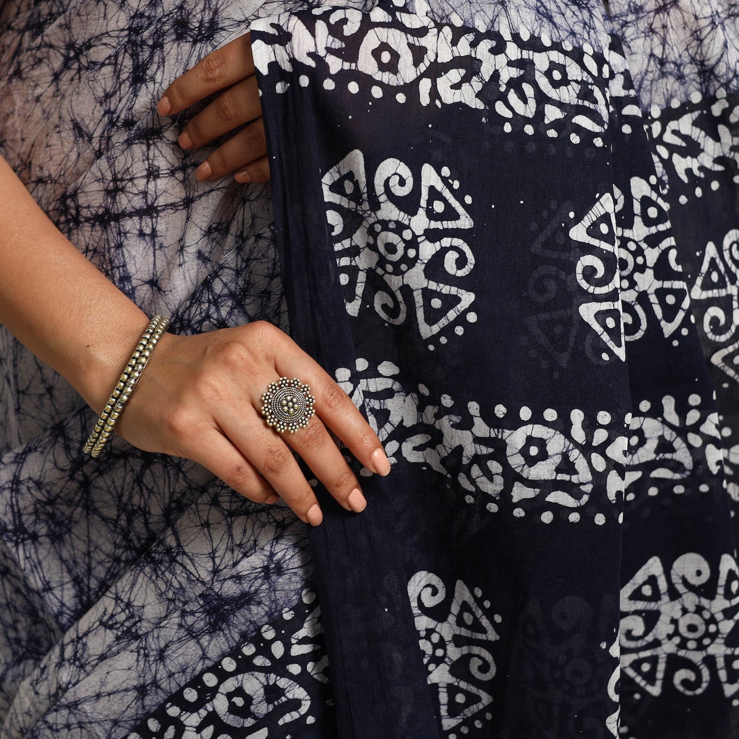 Buy Blue Mul Cotton Hand Batik Print Saree