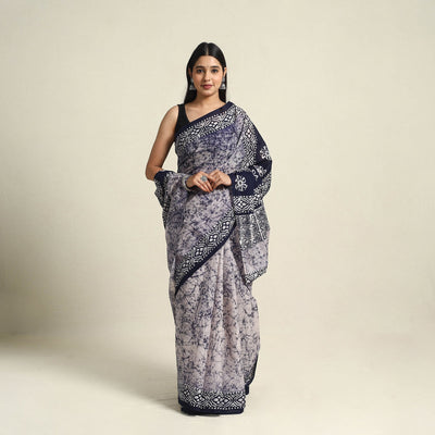  Mul Cotton Blue Hand Batik Print Saree