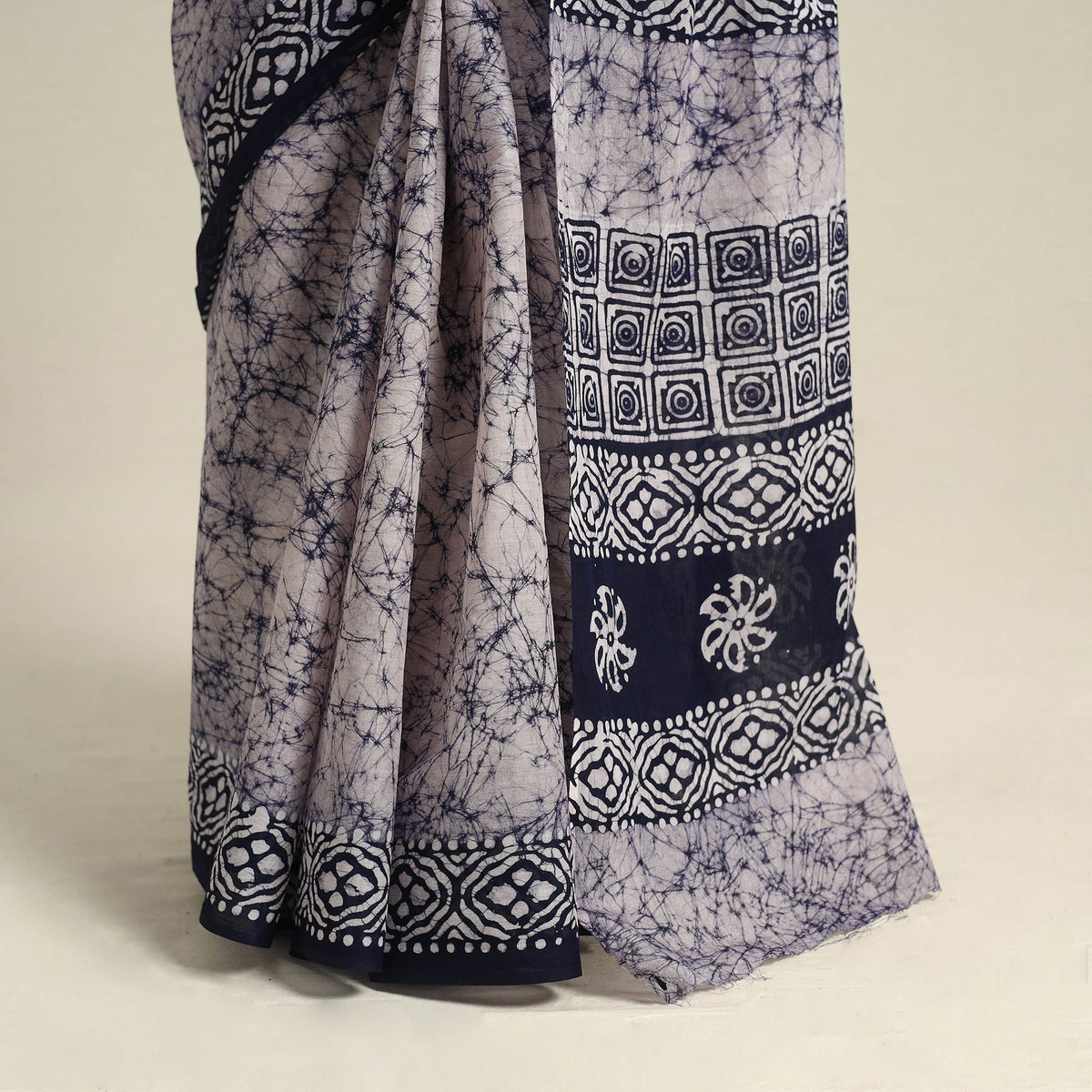  Mul Cotton Blue Hand Batik Print Saree