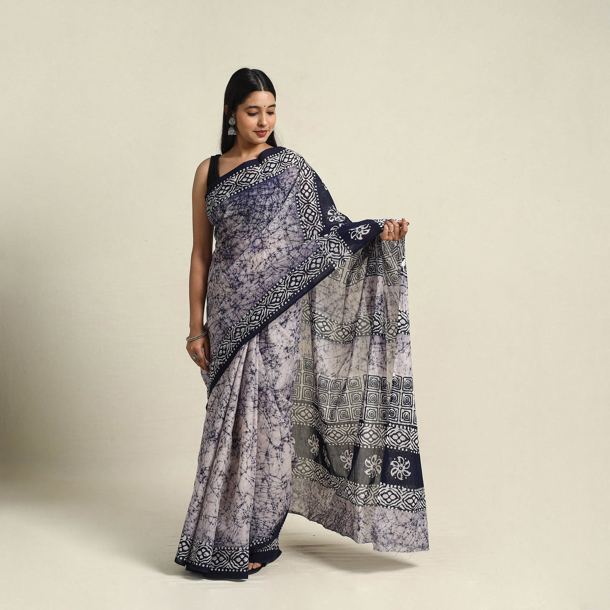  Mul Cotton Blue Hand Batik Print Saree