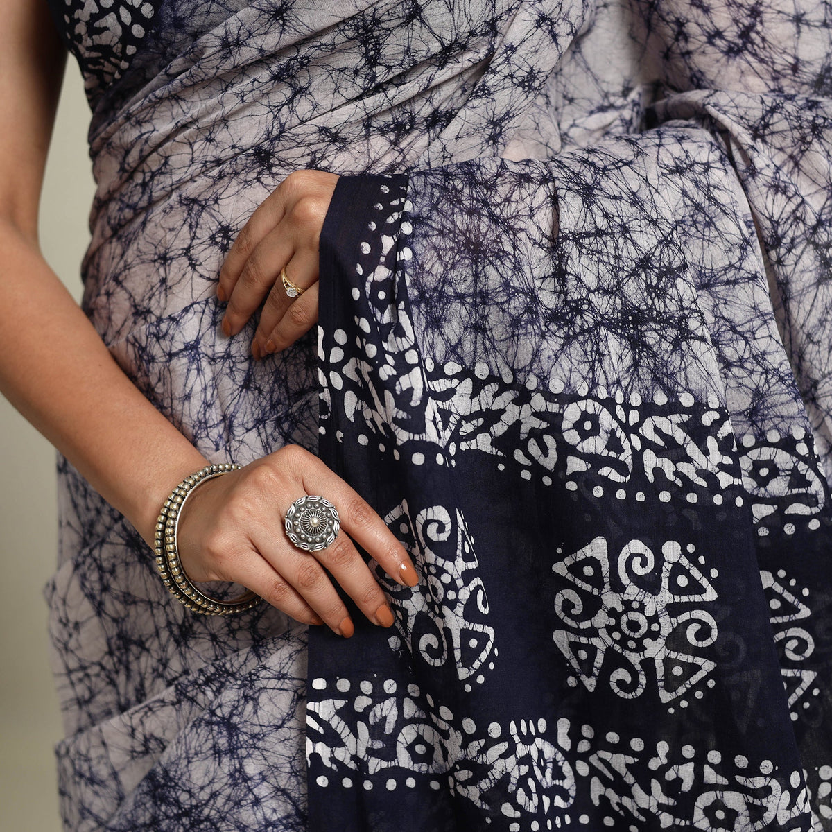  Blue Mul Cotton Hand Batik Print Saree