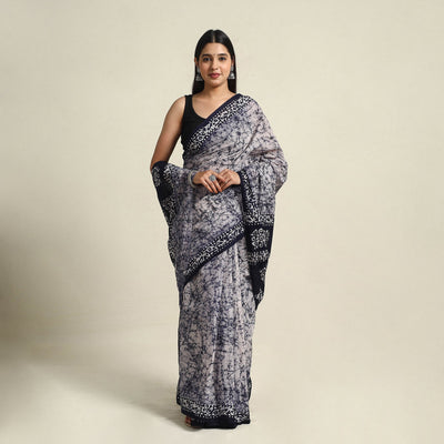  Blue Mul Cotton Hand Batik Print Saree