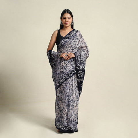  Blue Mul Cotton Hand Batik Print Saree