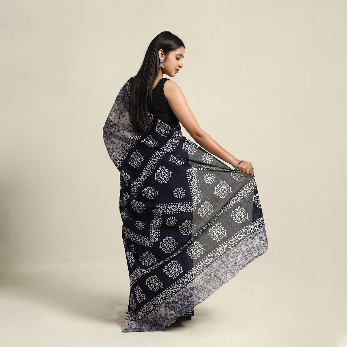  Blue Mul Cotton Hand Batik Print Saree