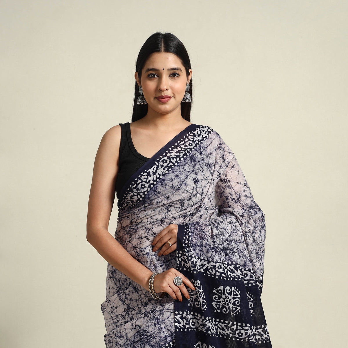  Blue Mul Cotton Hand Batik Print Saree