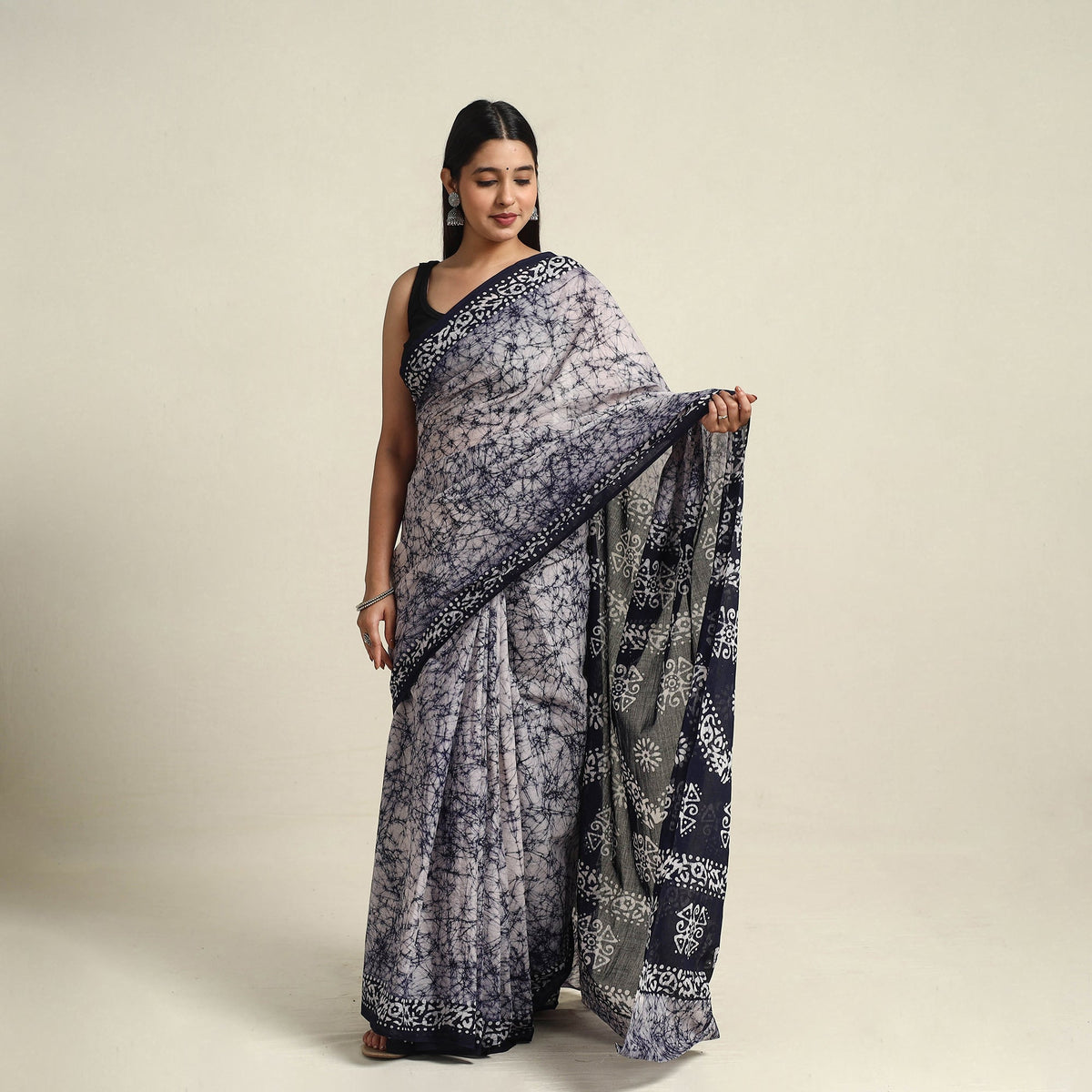  Blue Mul Cotton Hand Batik Print Saree
