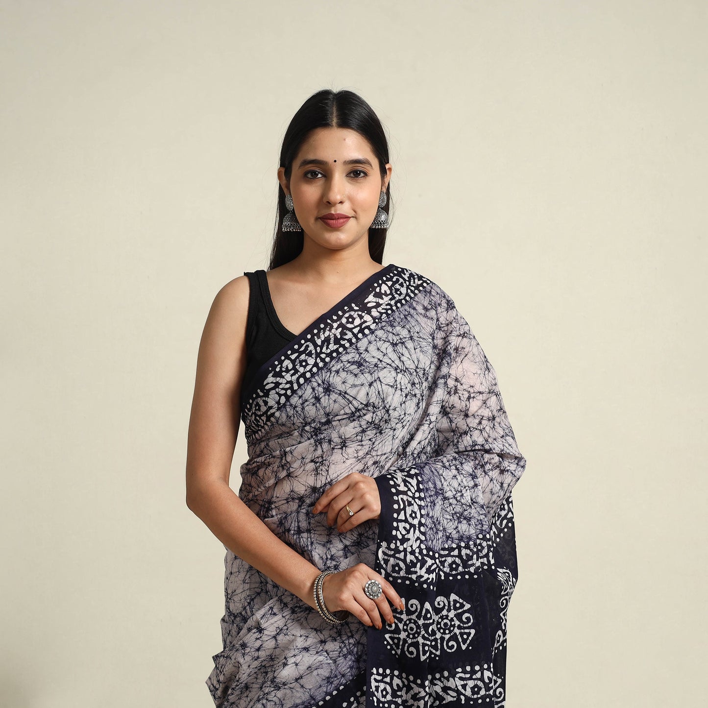 Buy Mul Cotton Blue Hand Batik Print Saree