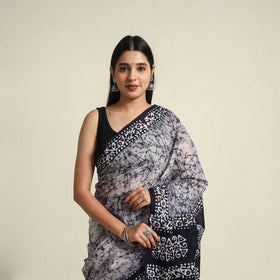Buy Mul Cotton Blue Hand Batik Print Saree