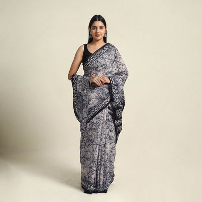 Buy Mul Cotton Blue Hand Batik Print Saree