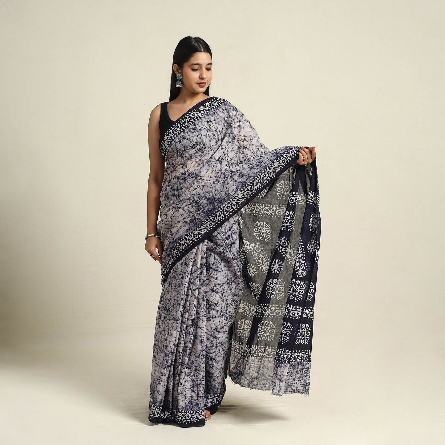 Buy Mul Cotton Blue Hand Batik Print Saree