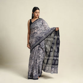 Buy Mul Cotton Blue Hand Batik Print Saree