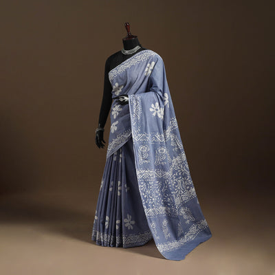 Blue - mul cotton hand batik saree 19 - handcrafted