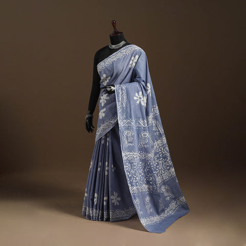 Blue - mul cotton hand batik saree 19 - handcrafted
