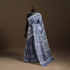 Blue - mul cotton hand batik saree 19 - handcrafted