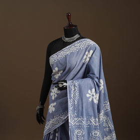 Blue - mul cotton hand batik saree 19 - handcrafted
