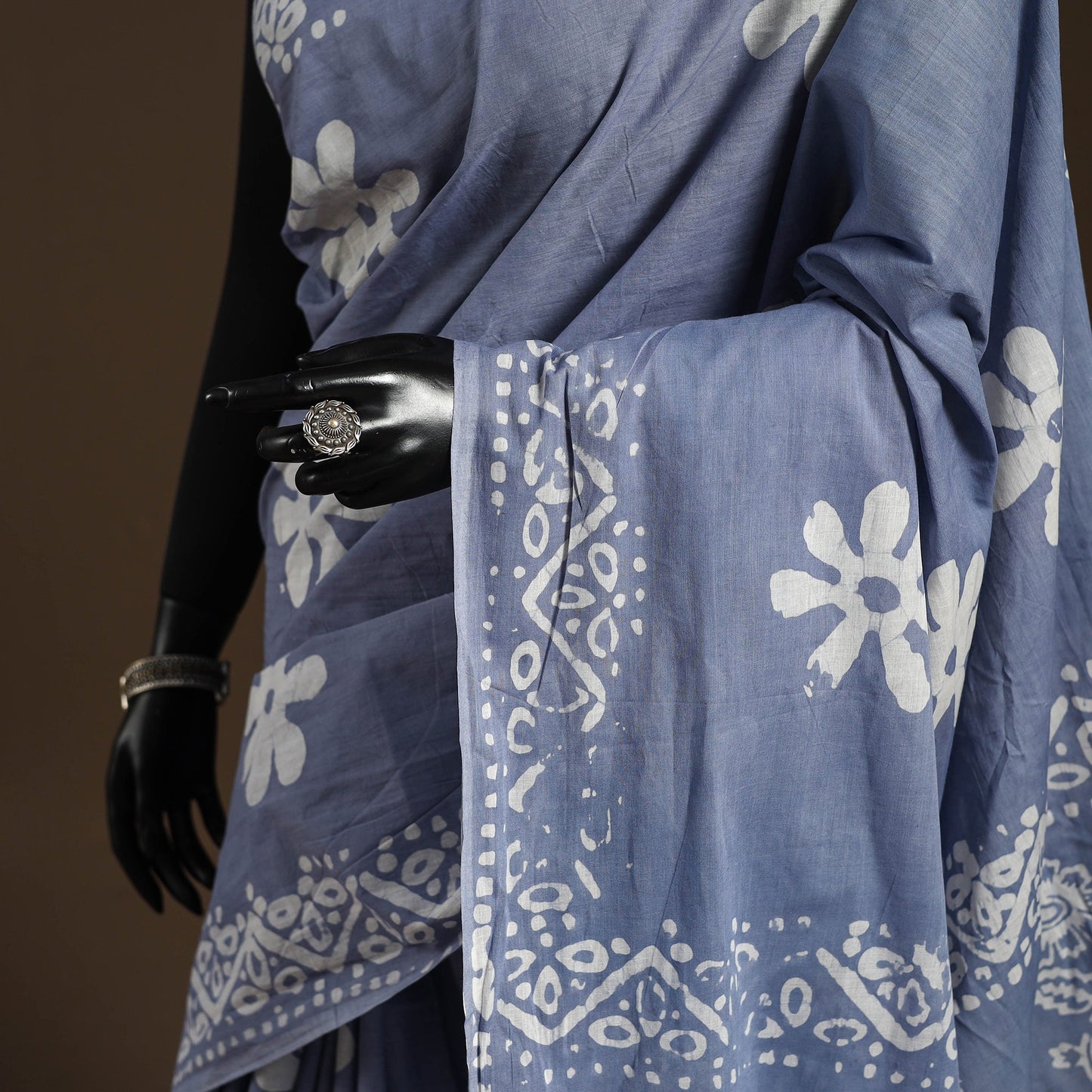 Blue - mul cotton hand batik saree 19 - handcrafted