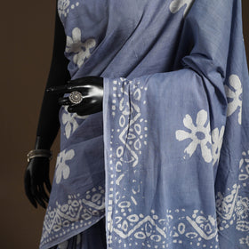 Blue - mul cotton hand batik saree 19 - handcrafted