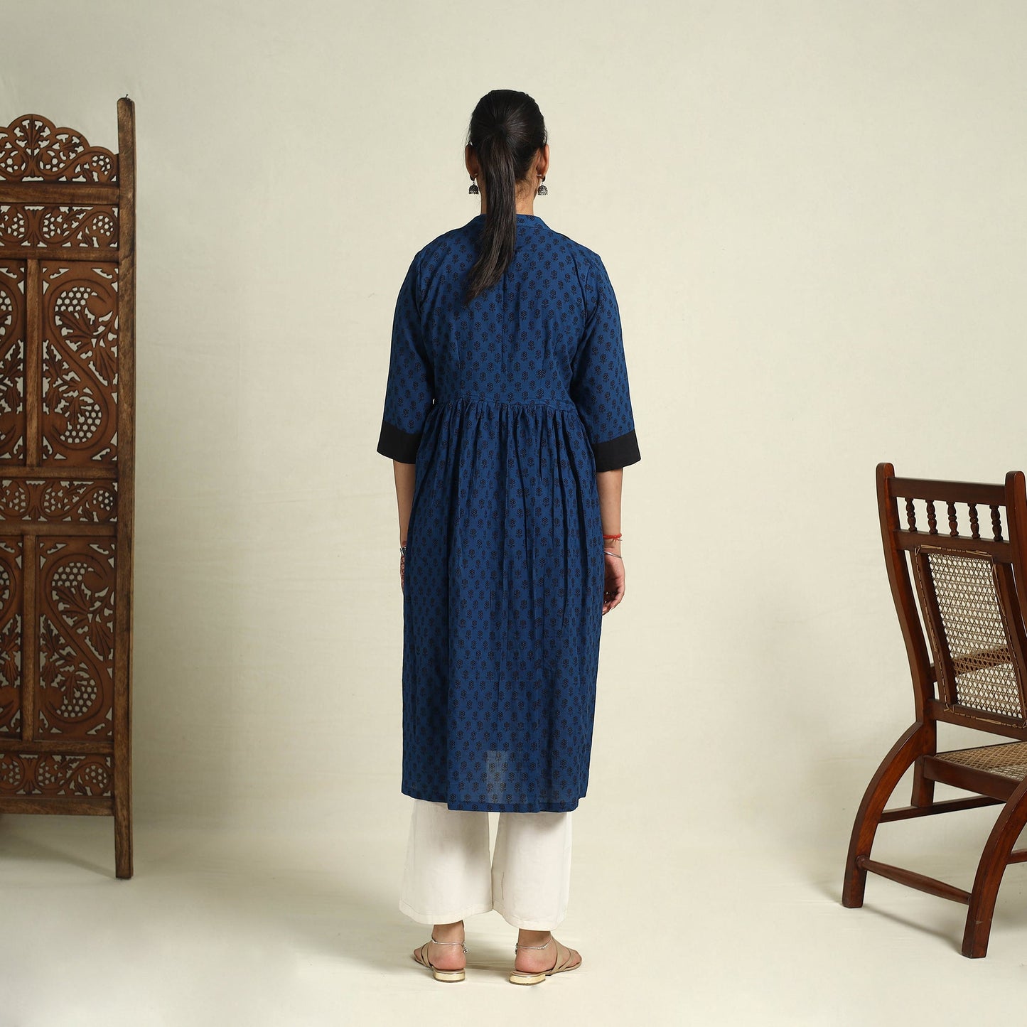  Blue Block Print Mul Cotton A-Line Bagh Kurta for Women