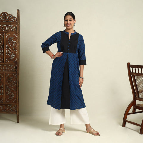  Blue Block Print Mul Cotton A-Line Bagh Kurta for Women