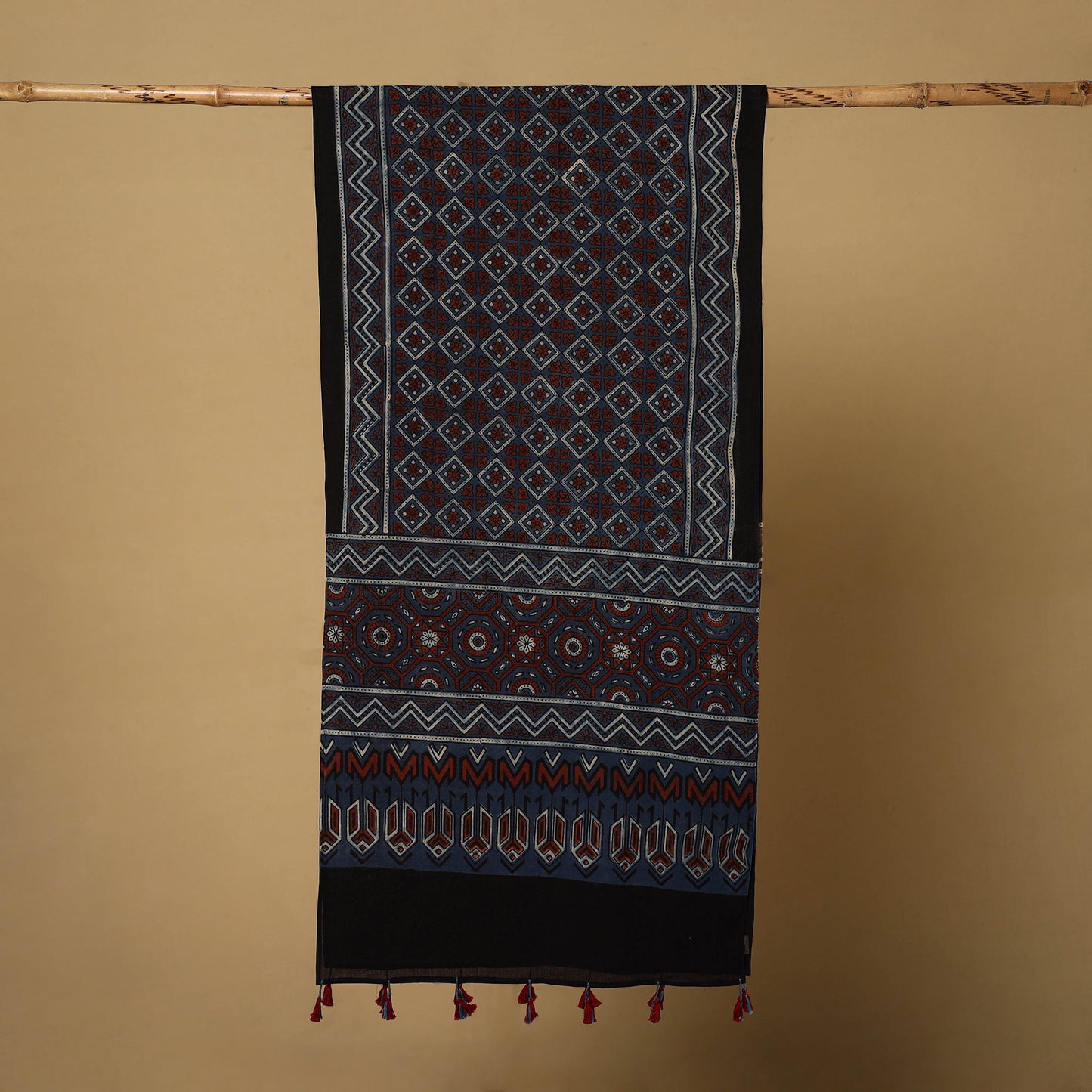  Blue Mul Cotton Block Print Ajrakh Stole with Tassels