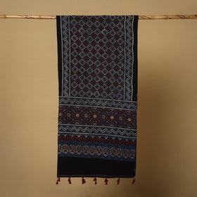 Blue Mul Cotton Block Print Ajrakh Stole with Tassels