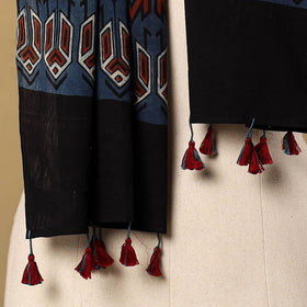  Blue Mul Cotton Block Print Ajrakh Stole with Tassels