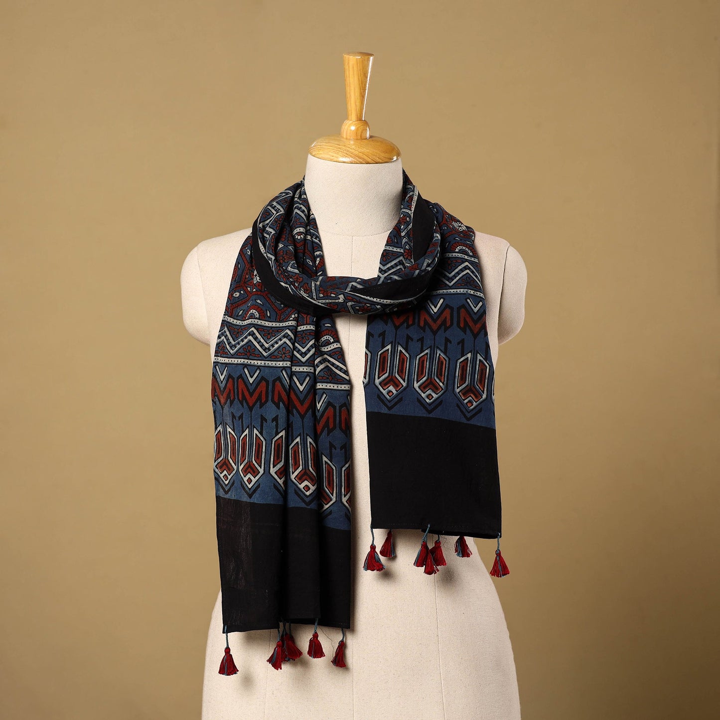  Blue Mul Cotton Block Print Ajrakh Stole with Tassels