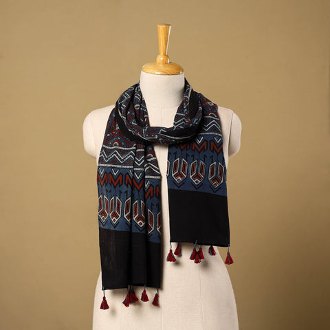  Blue Mul Cotton Block Print Ajrakh Stole with Tassels