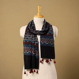  Blue Mul Cotton Block Print Ajrakh Stole with Tassels