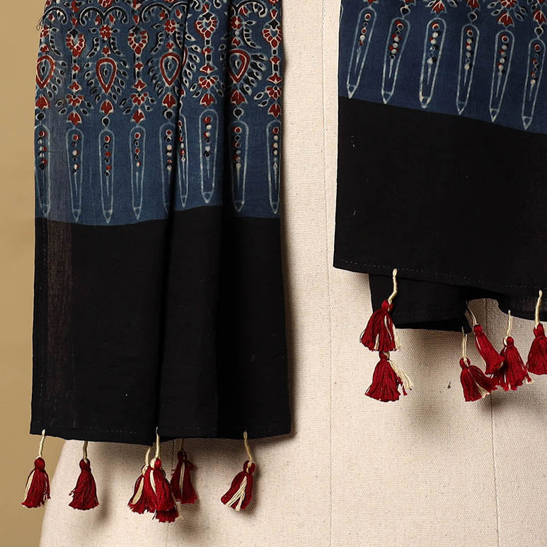 Buy Blue Mul Cotton Block Print Ajrakh Stole with Tassels