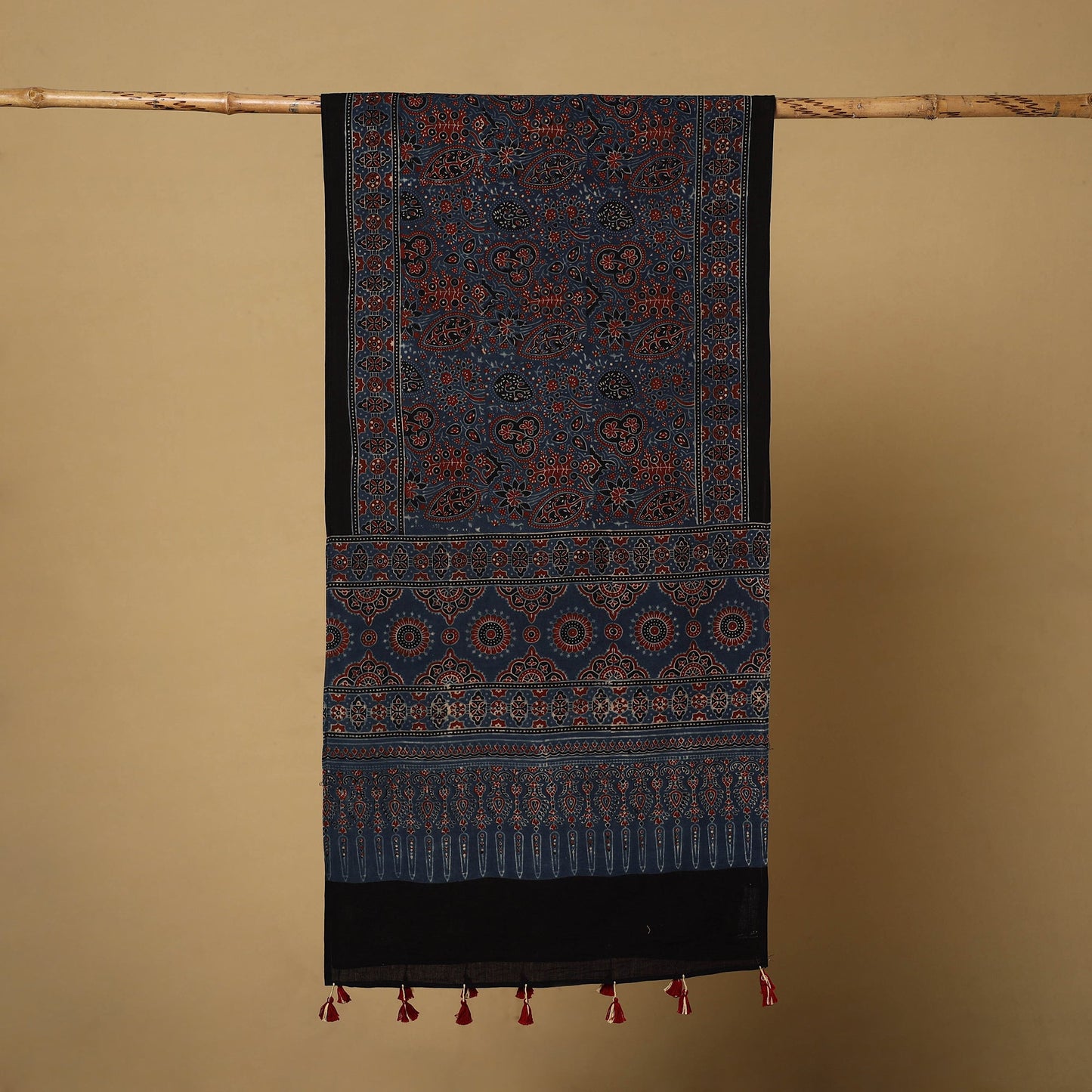 Buy Blue Mul Cotton Block Print Ajrakh Stole with Tassels