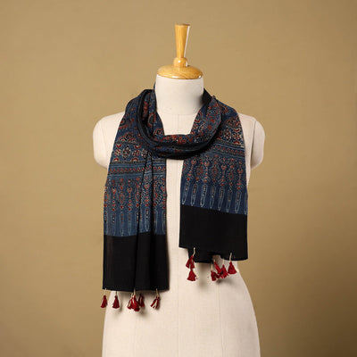 Buy Blue Mul Cotton Block Print Ajrakh Stole with Tassels